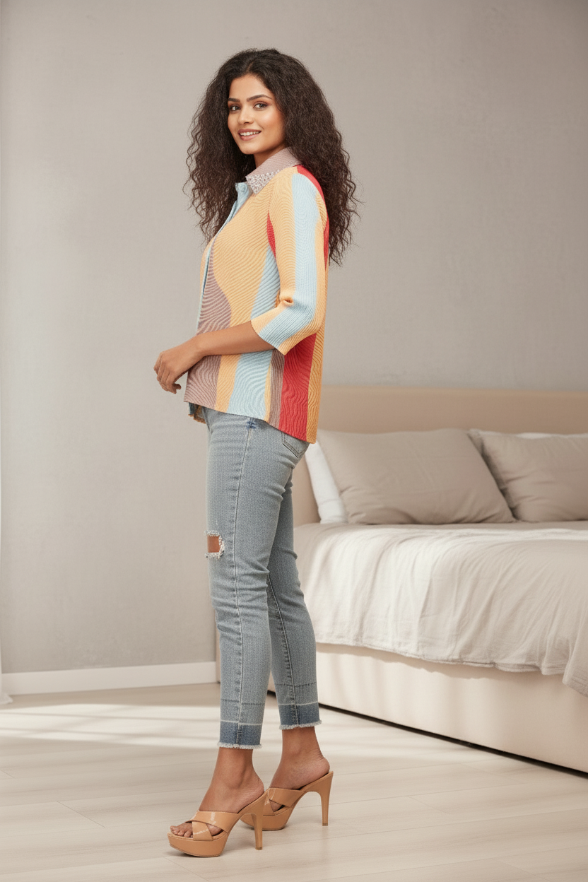 Polyester Edith Color block Printed Shirt