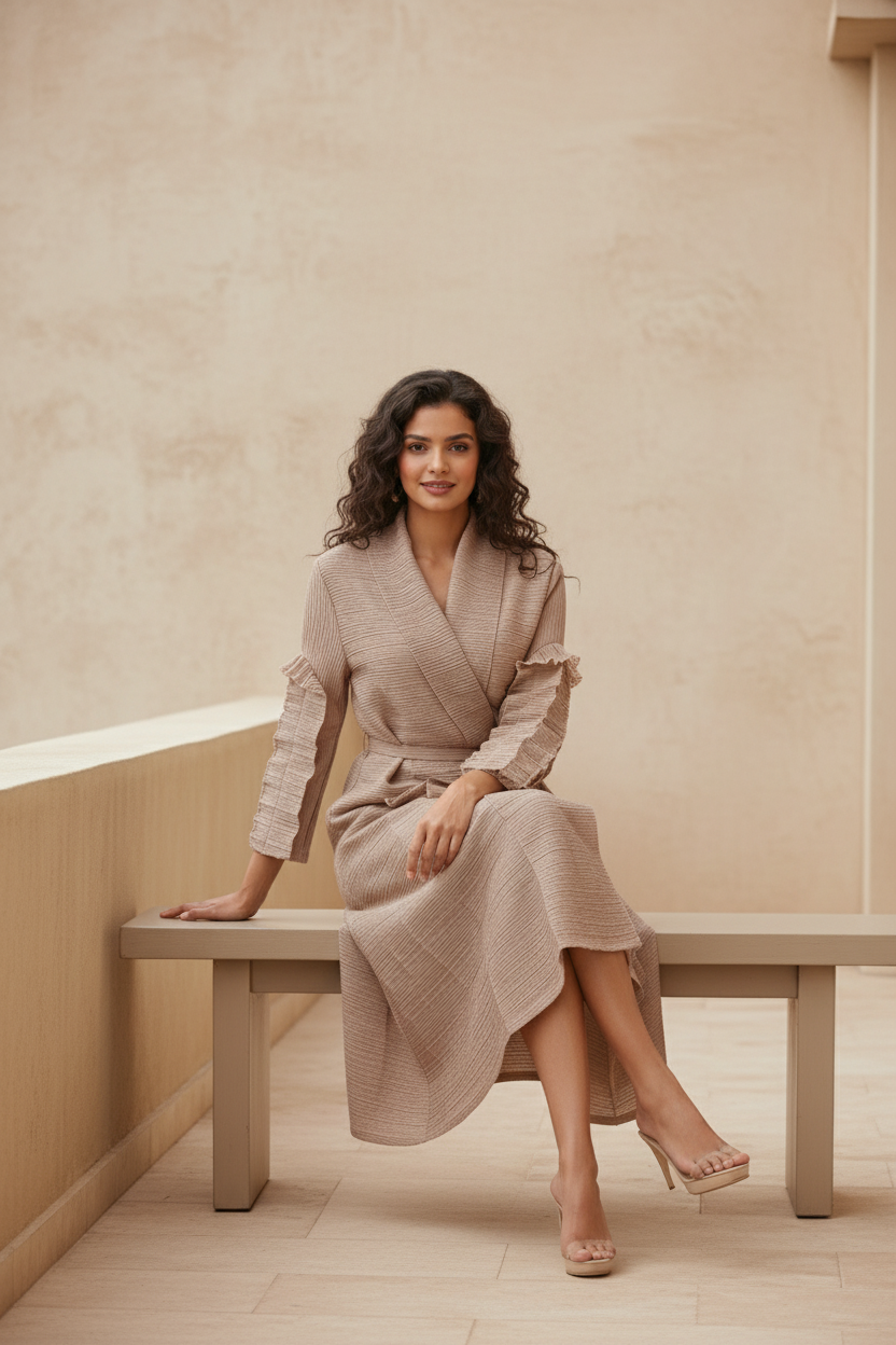 Full Sleeve pleated dress - Beige