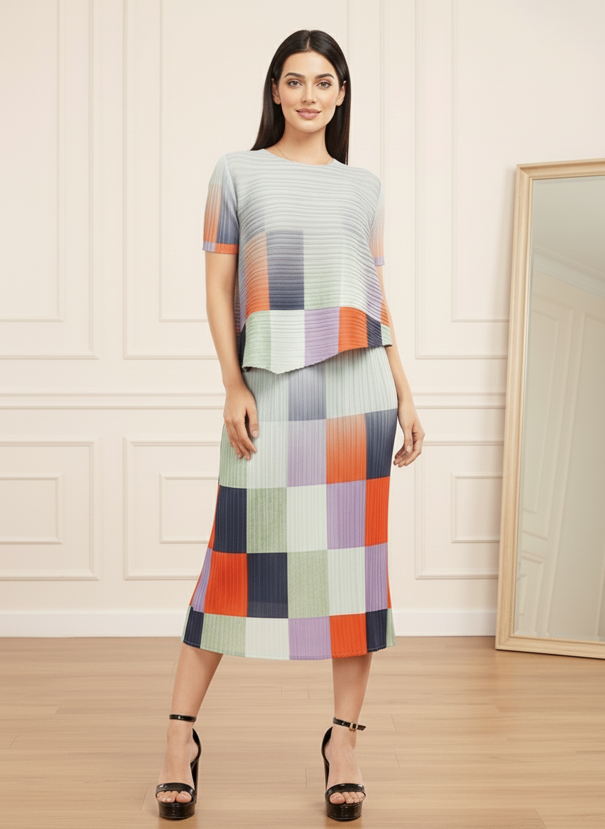 Pleated Multicolor High Neck Short Sleeve