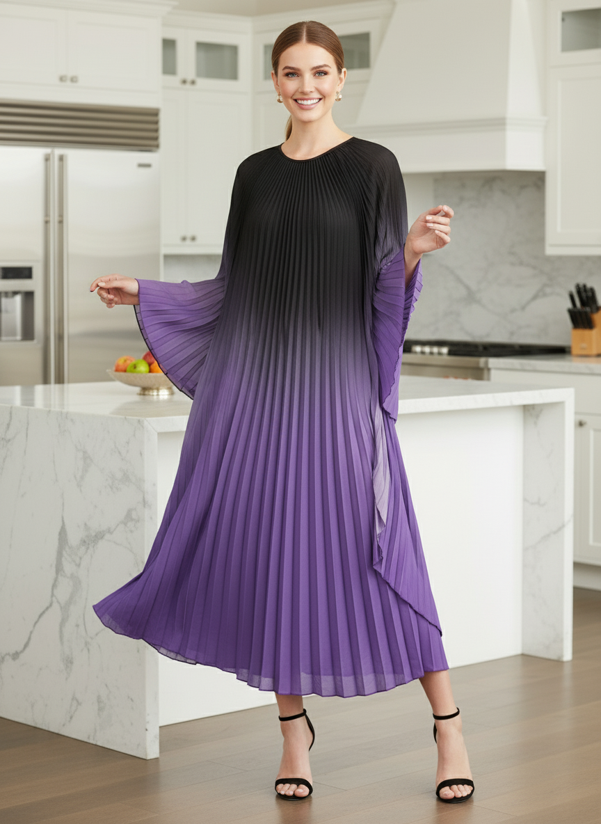 Pleated Gradual Color Dress Irregular O-neck Long Sleeves Loose Long - Purple