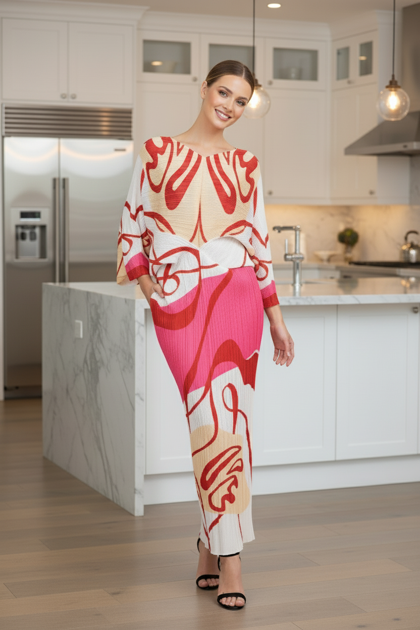 Tangerine Crepe Digital Printed Co-Ord Set - Red Rose