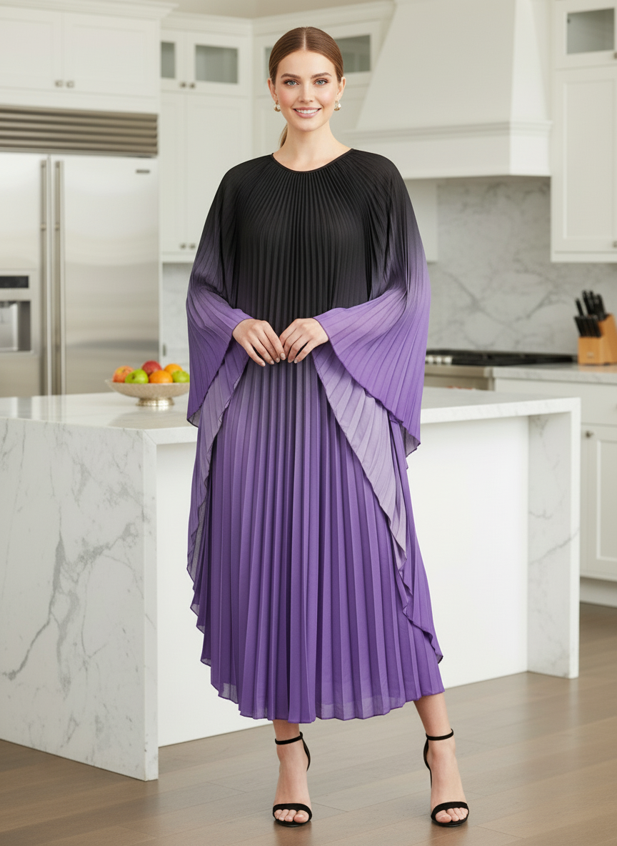 Pleated Gradual Color Dress Irregular O-neck Long Sleeves Loose Long - Purple