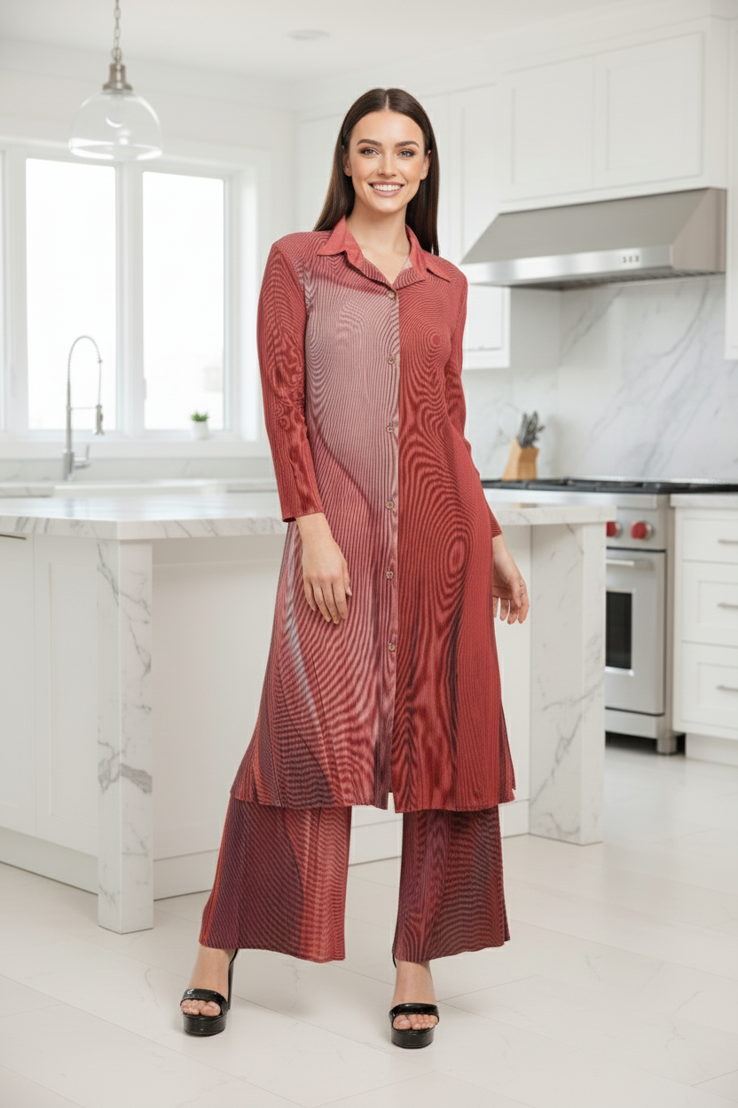 Polyester Button Down Tunic And Set - Red