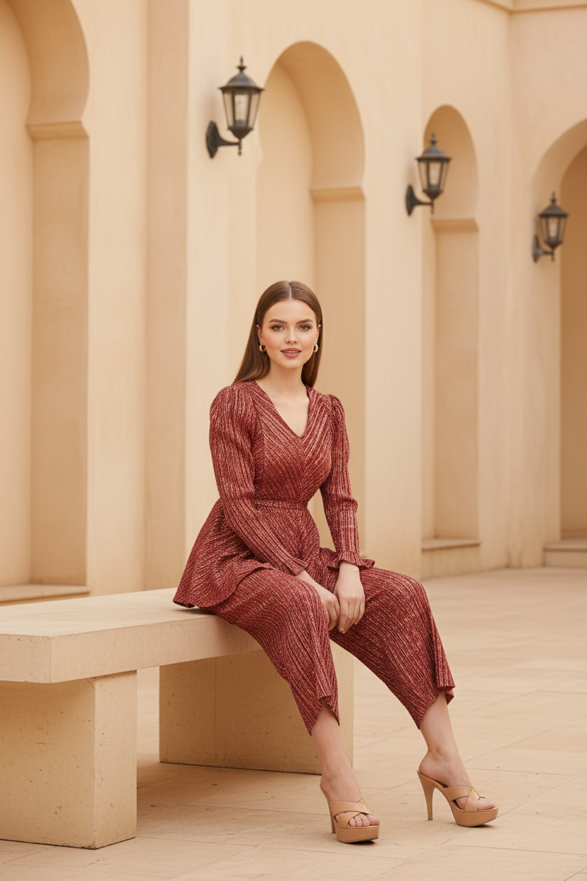 Gold Polyester Metallic Pleated Top And Pant Set - Wine Red