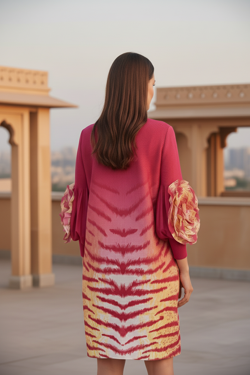 Soliel Ruffle Sleeve Print Dress - Rose Red