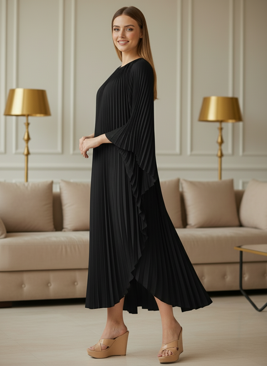 Loose Batwing Sleeve Elegant Pleated Dress - Black