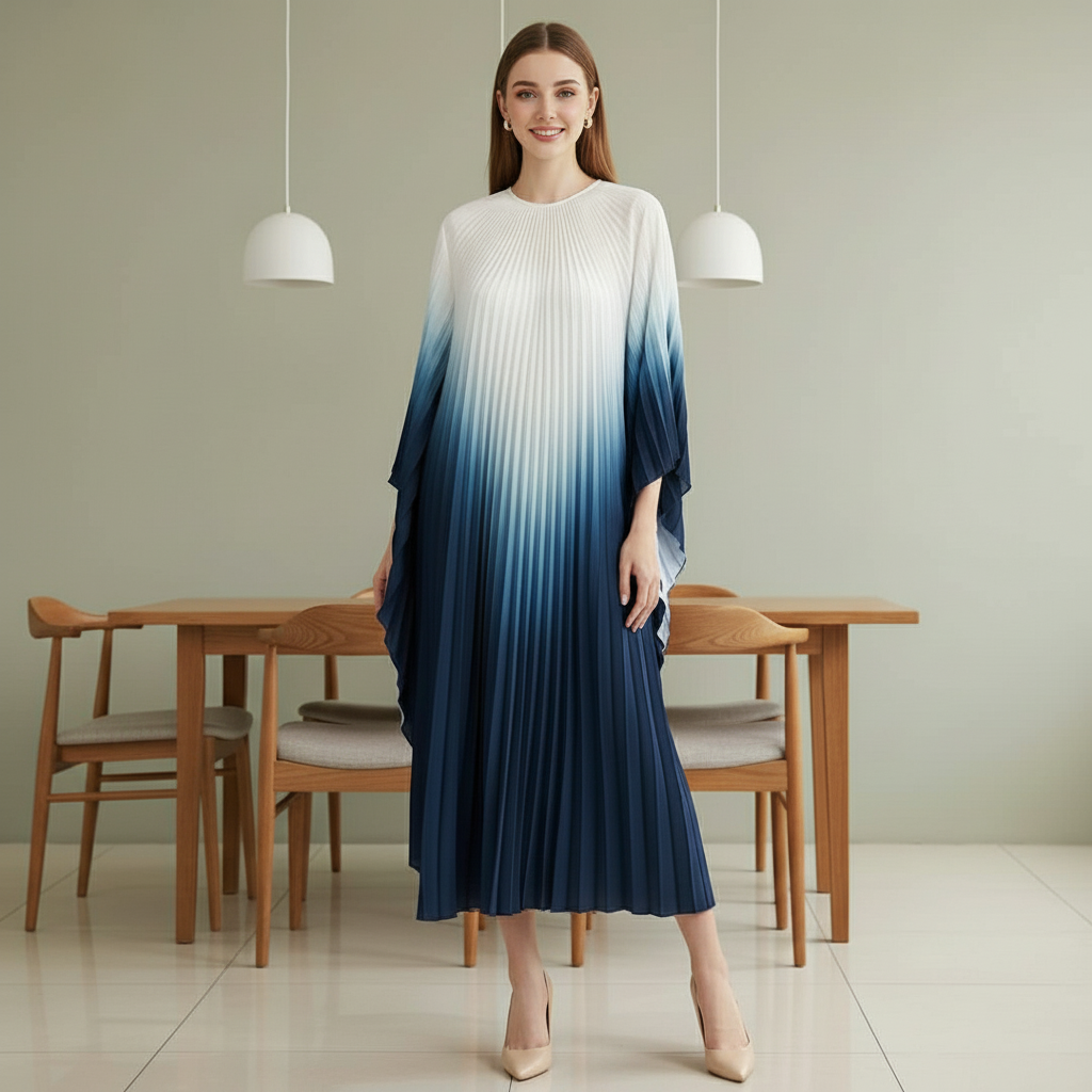 Pleated Gradual Color Dress Irregular O-neck Long Sleeves Loose Long - white