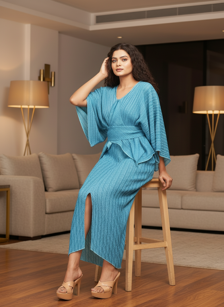 Summer Notched Pleated Dress - Blue