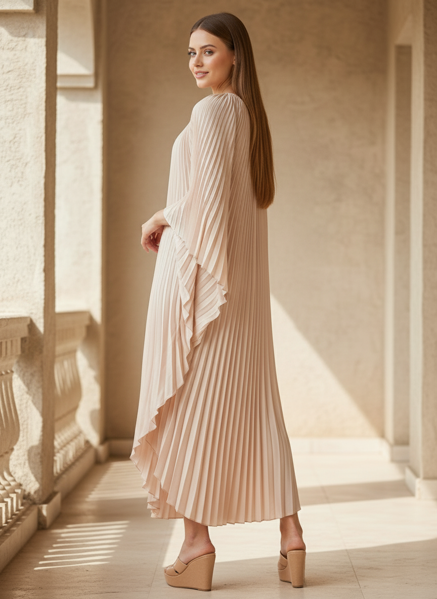 Loose Batwing Sleeve Elegant Pleated Dress - White