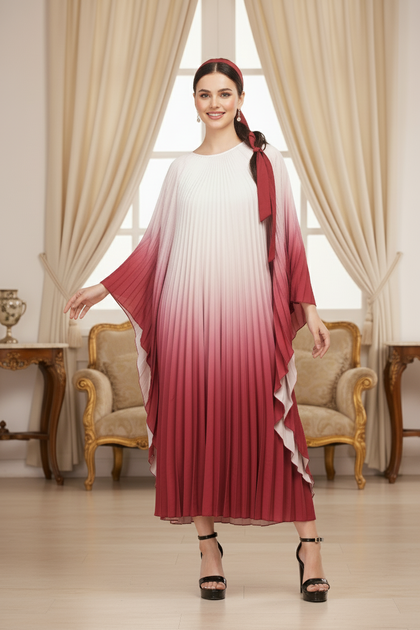 Pleated Gradual Color Dress Irregular O-neck Long Sleeves Loose Long - Wine Red