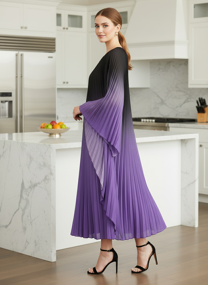 Pleated Gradual Color Dress Irregular O-neck Long Sleeves Loose Long - Purple