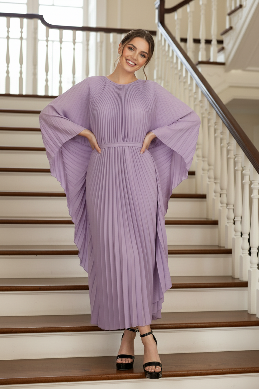 Loose Batwing Sleeve Elegant Pleated Dress - Purple