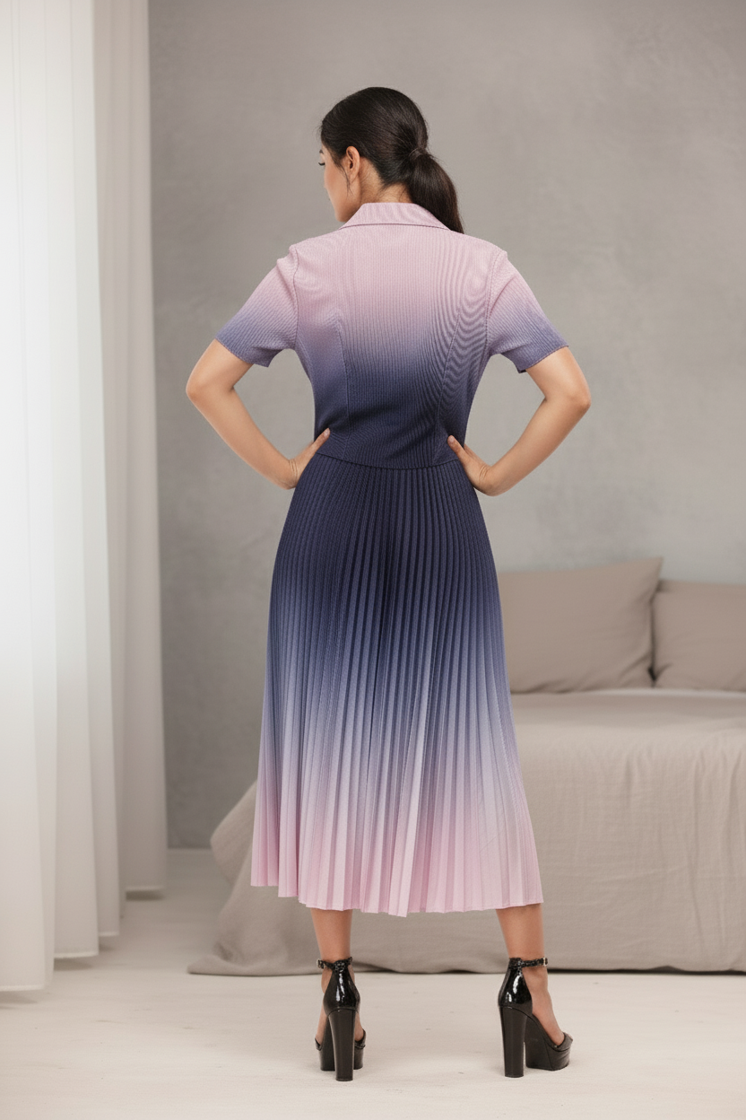 Dual Color Ombre Pleated Skirt Set - Purple