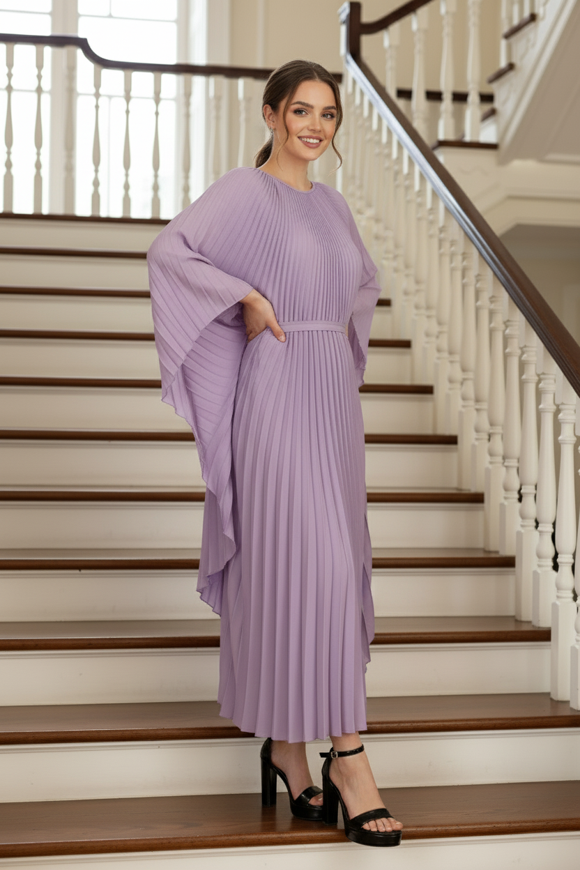 Loose Batwing Sleeve Elegant Pleated Dress - Purple