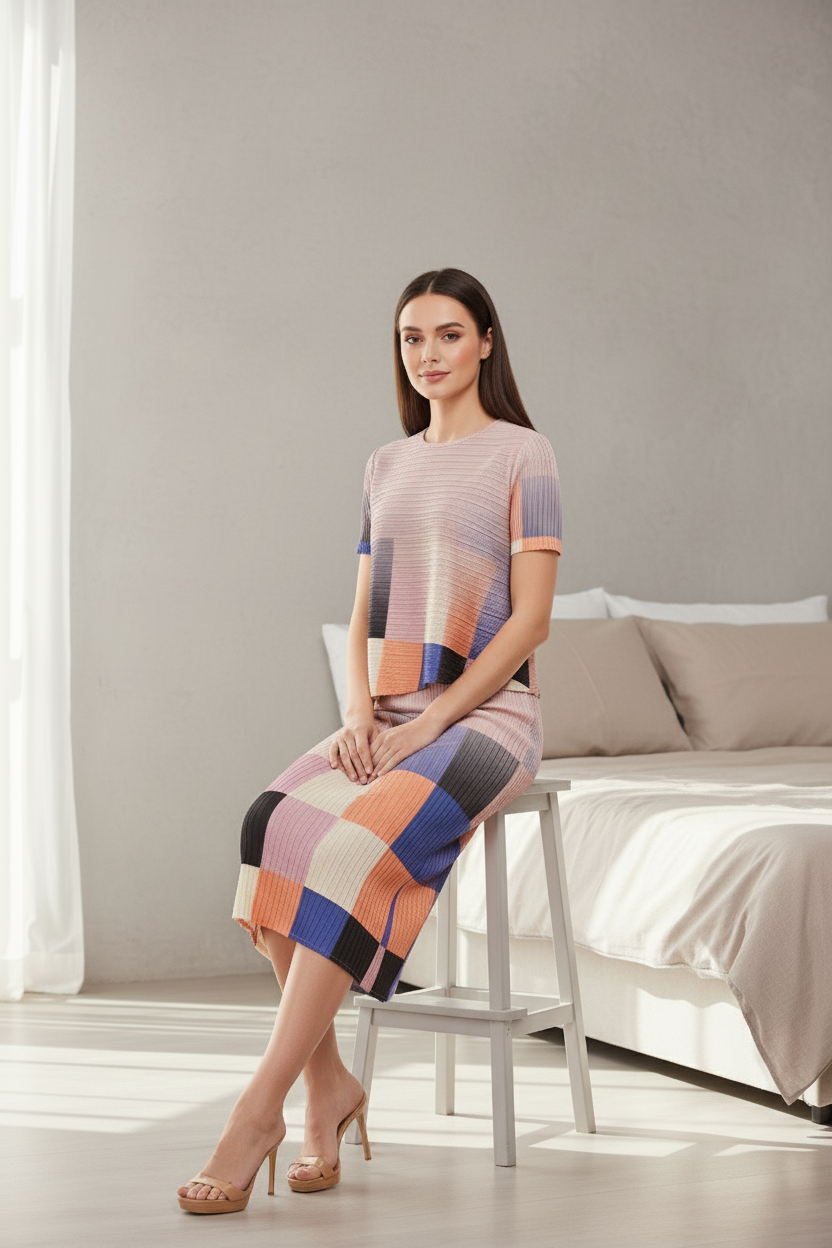 Pleated Multicolor High Neck Short Sleeve