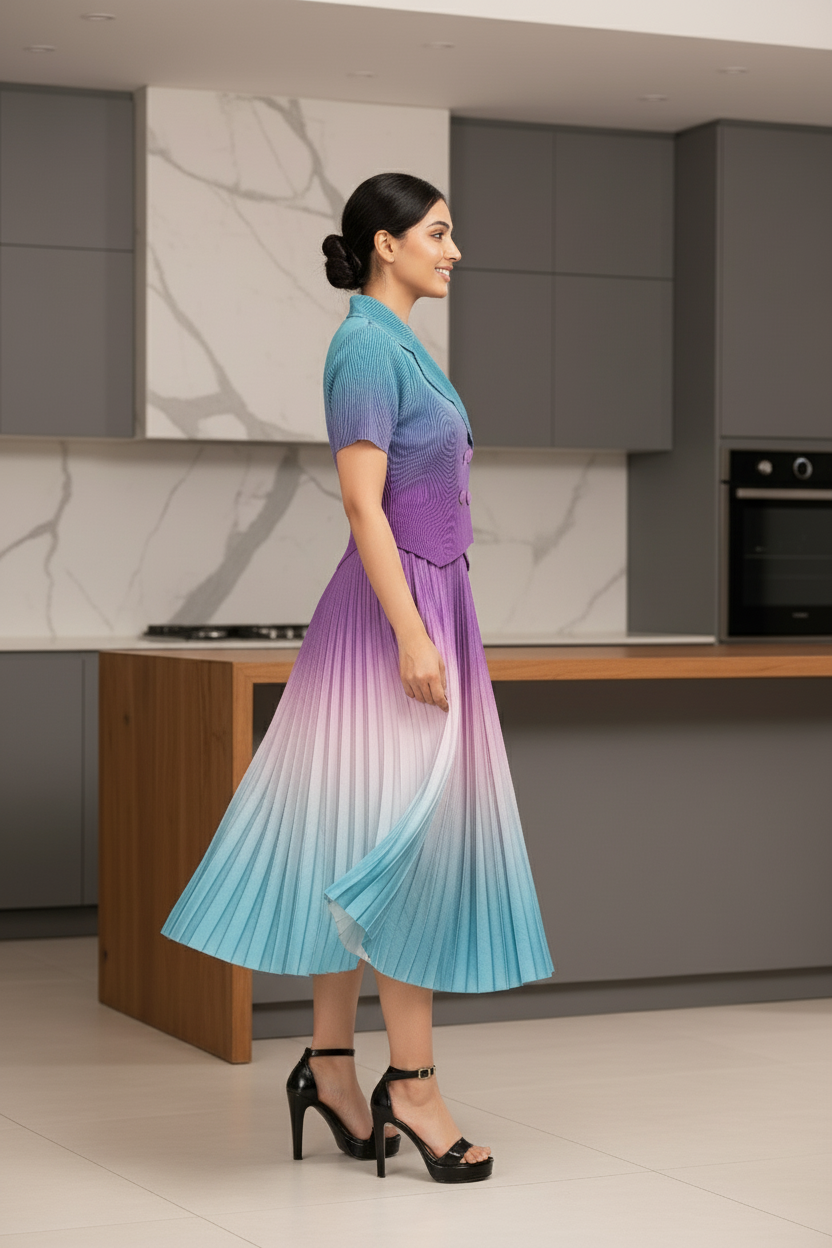 Dual Color Ombre Pleated Skirt Set - Blue