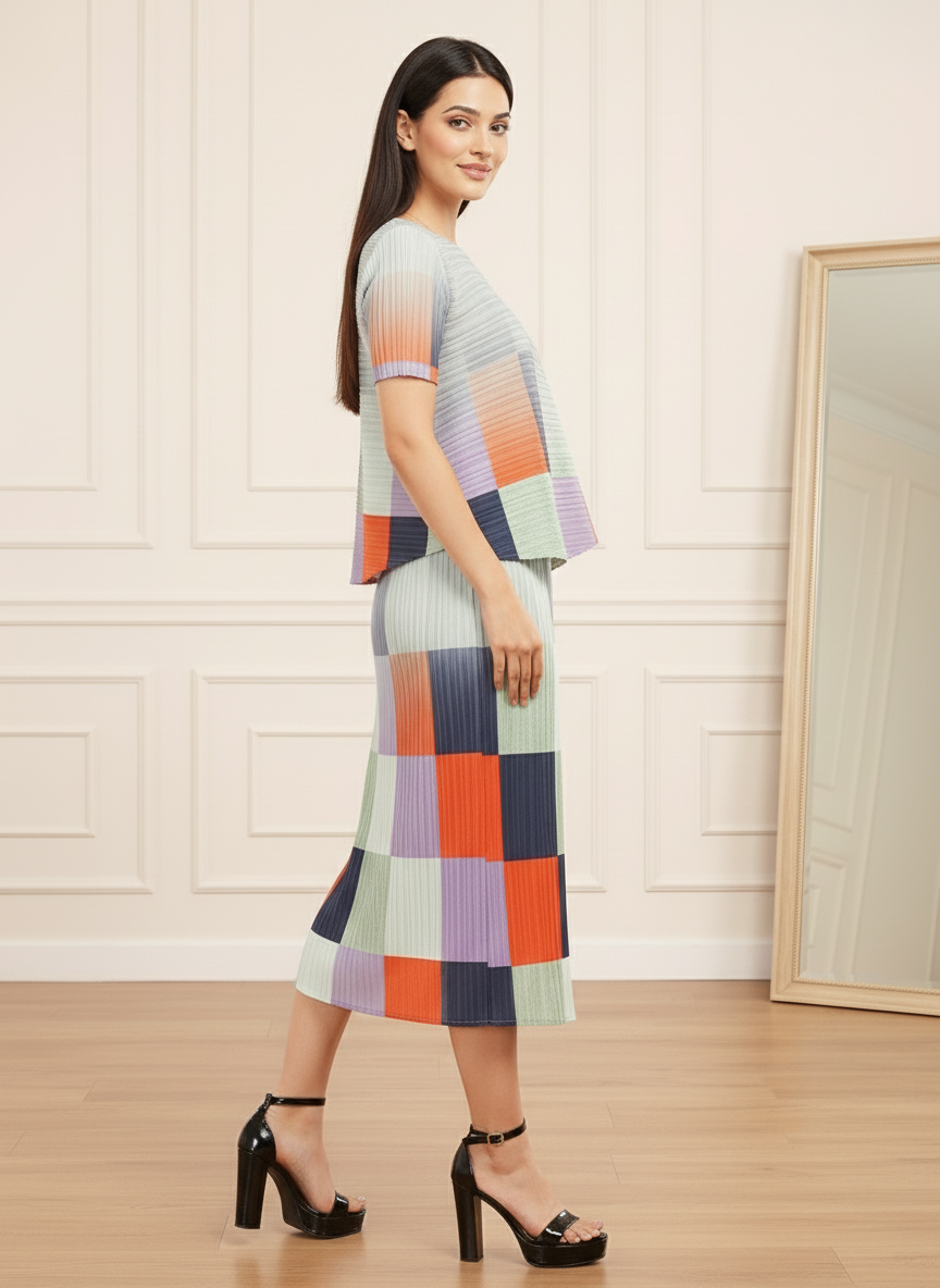 Pleated Multicolor High Neck Short Sleeve