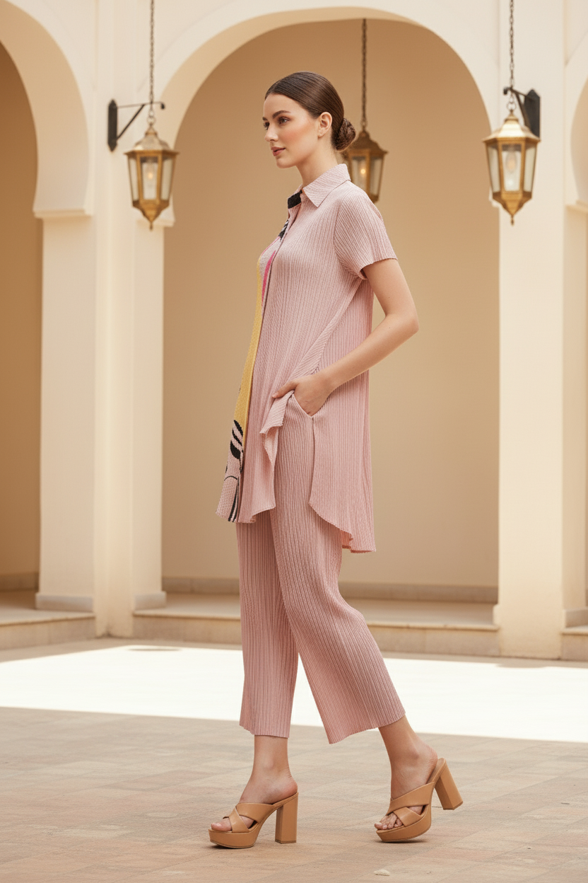 Stitched Yoke Notch Mandarin Neck - Pink