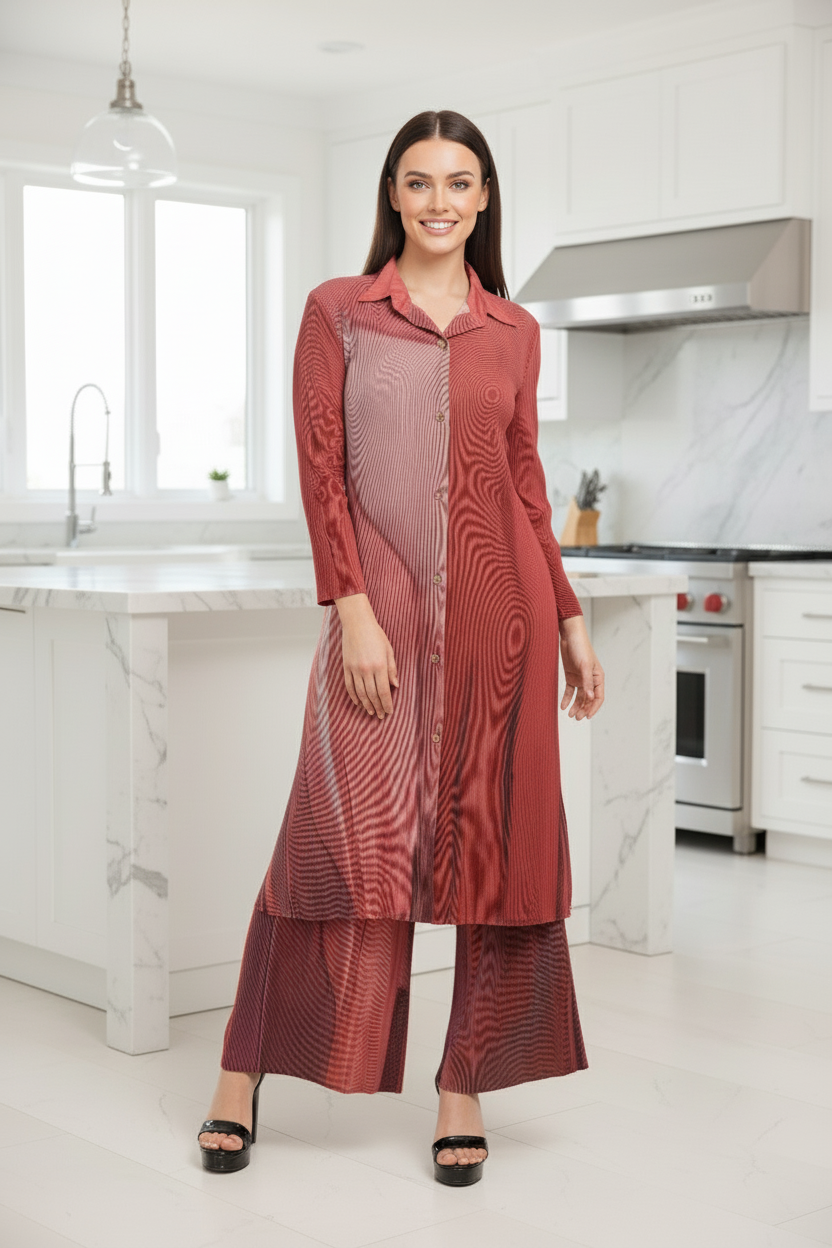 Polyester Button Down Tunic And Set - Red