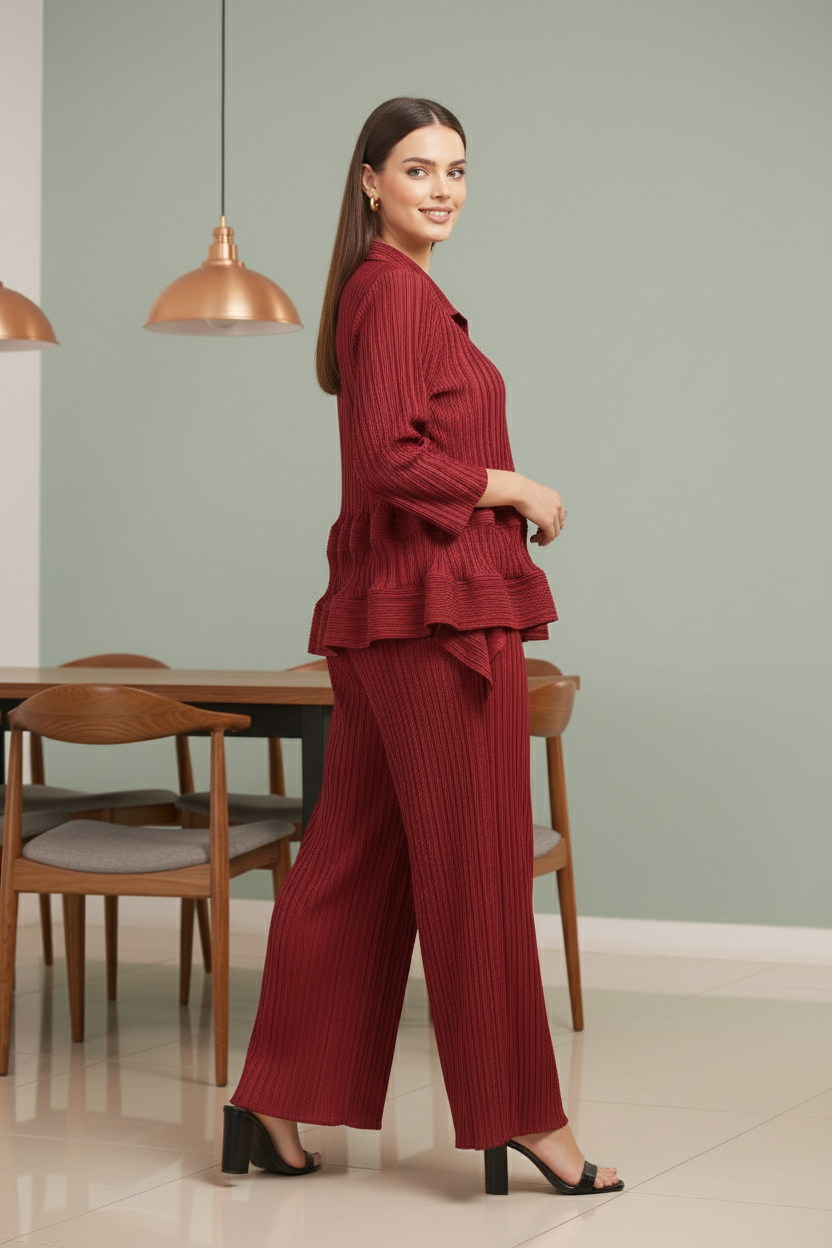 Garnet Polyester Pant Set - Wine Red