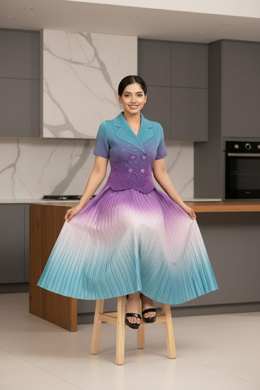 Dual Color Ombre Pleated Skirt Set - Blue