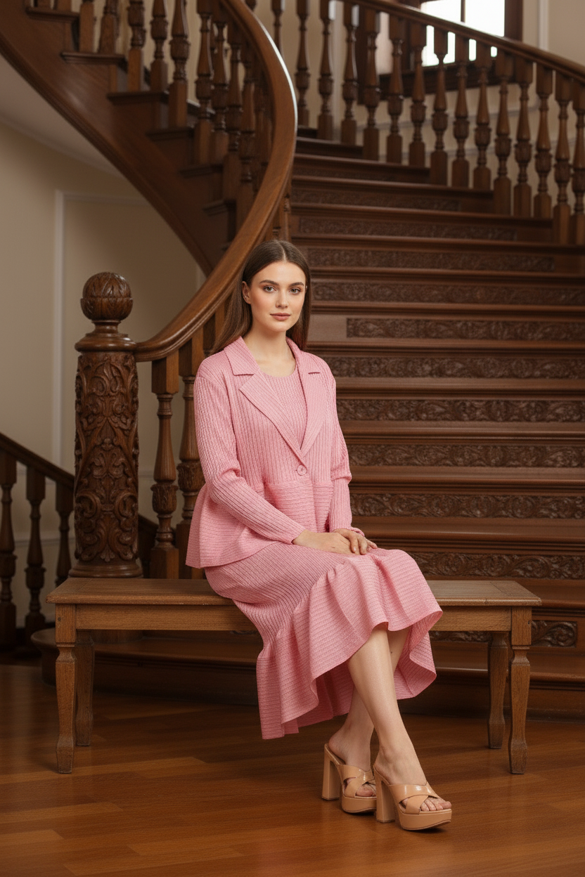 Crew Neck Top Wide Leg Pants - Pink