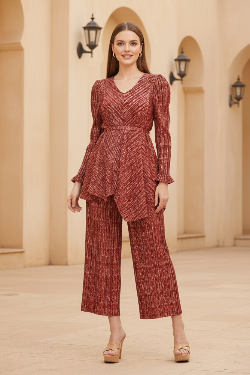 Gold Polyester Metallic Pleated Top And Pant Set - Wine Red