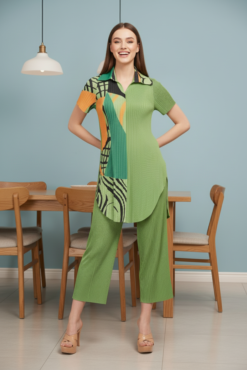 Stitched Yoke Notch Mandarin Neck - Green