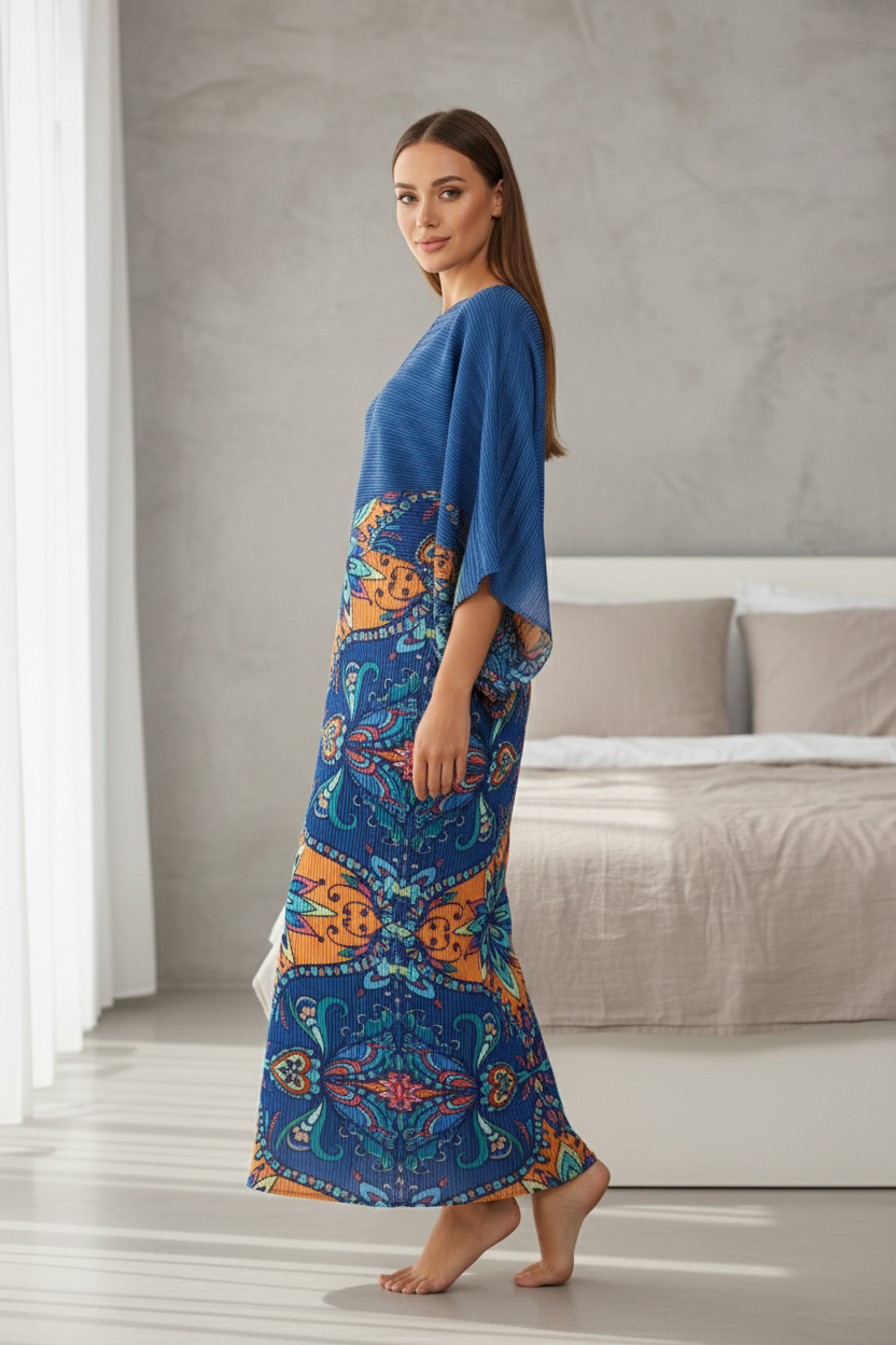 Deep V-Neck and High-Waist Gown - Blue