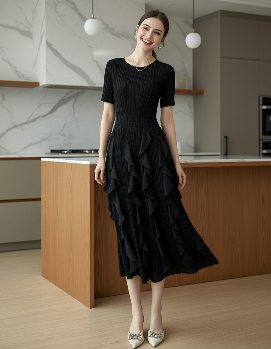 Spring Summer Ruffled Tunic - Black