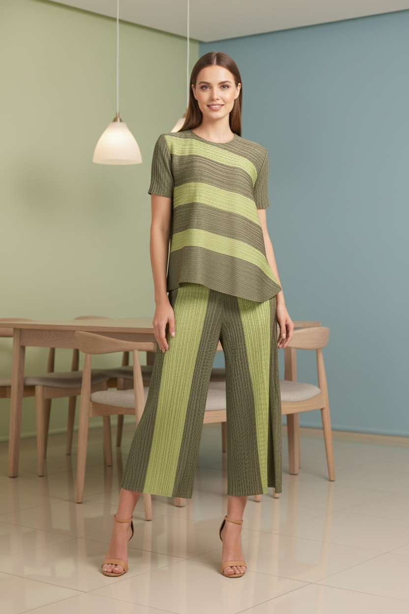 Top Loose Mild Pleated Stretching Skirt Two Pieces Set - Green