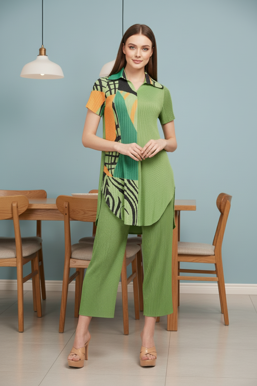 Stitched Yoke Notch Mandarin Neck - Green