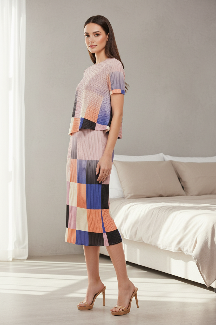 Pleated Multicolor High Neck Short Sleeve