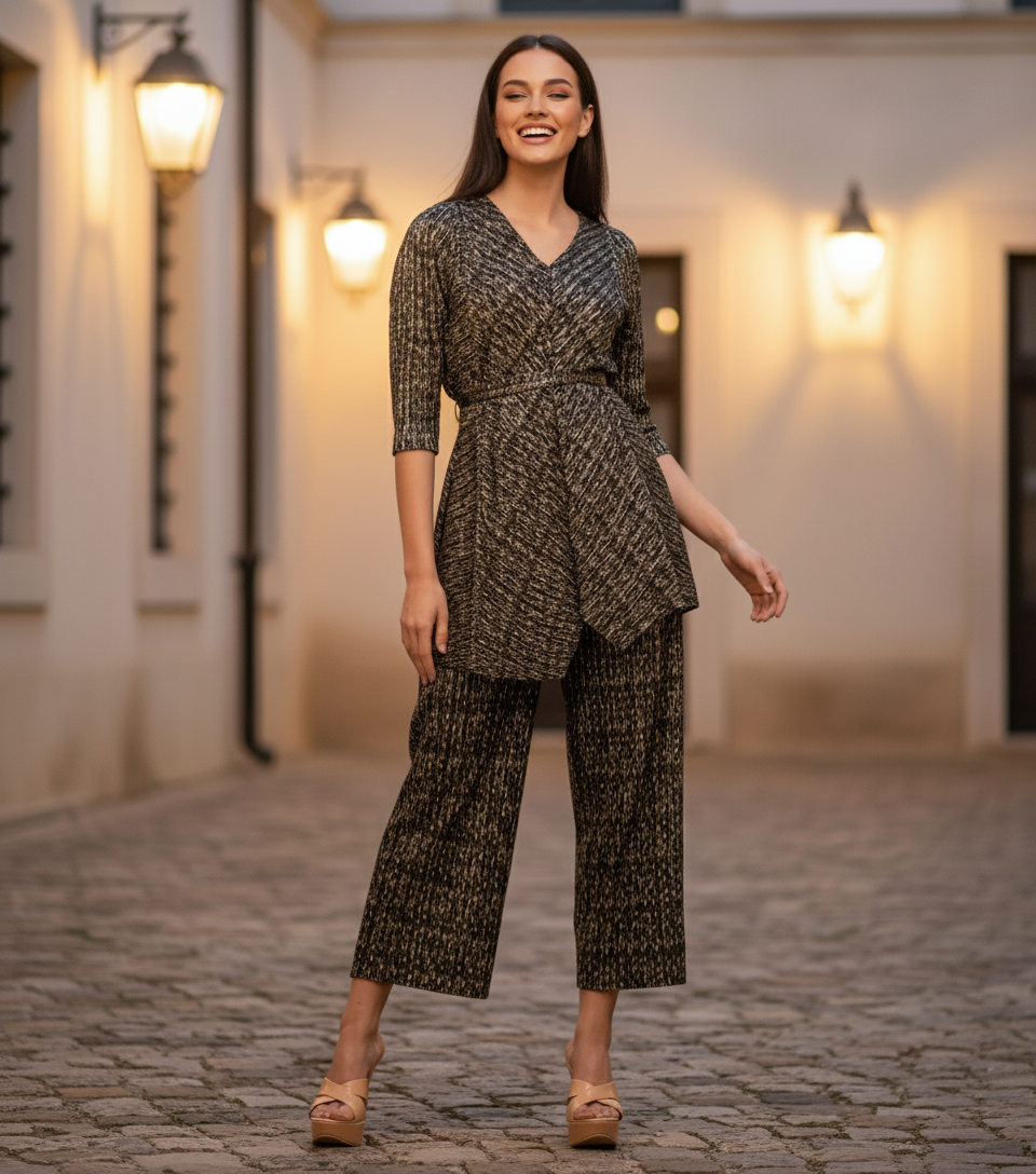 Gold Polyester Metallic Pleated Top And Pant Set - Black