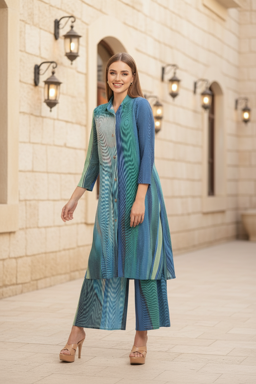 Polyester Button Down Tunic And Set - Blue