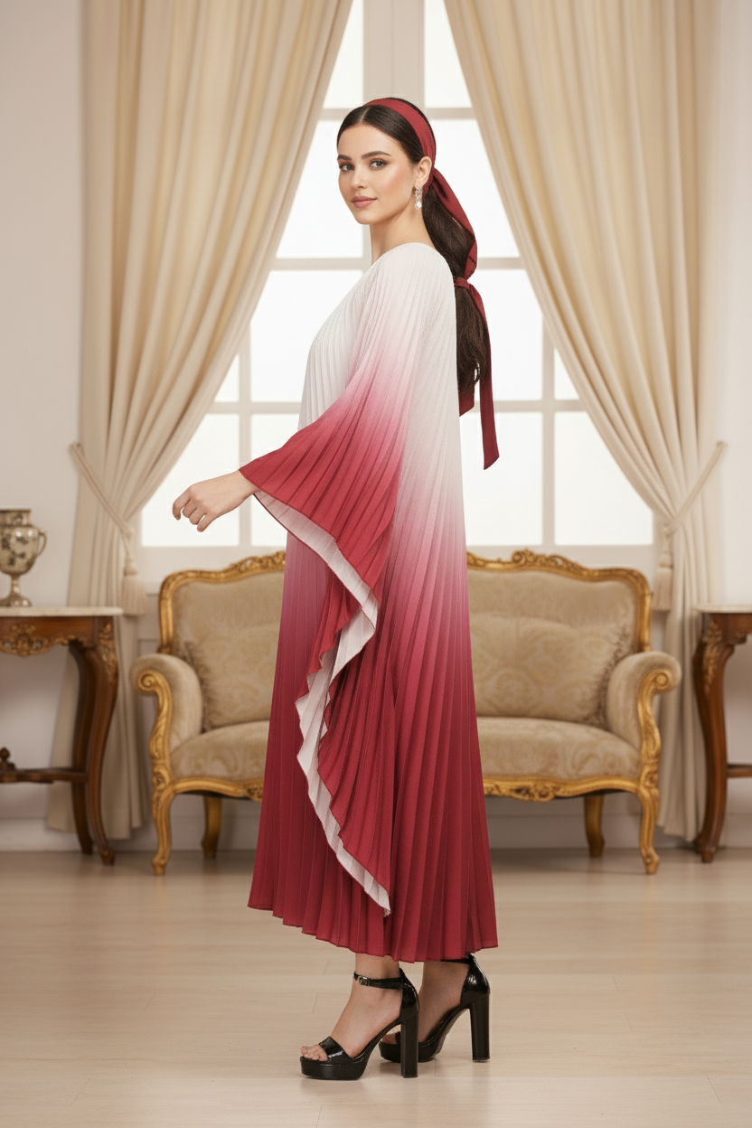 Pleated Gradual Color Dress Irregular O-neck Long Sleeves Loose Long - Wine Red
