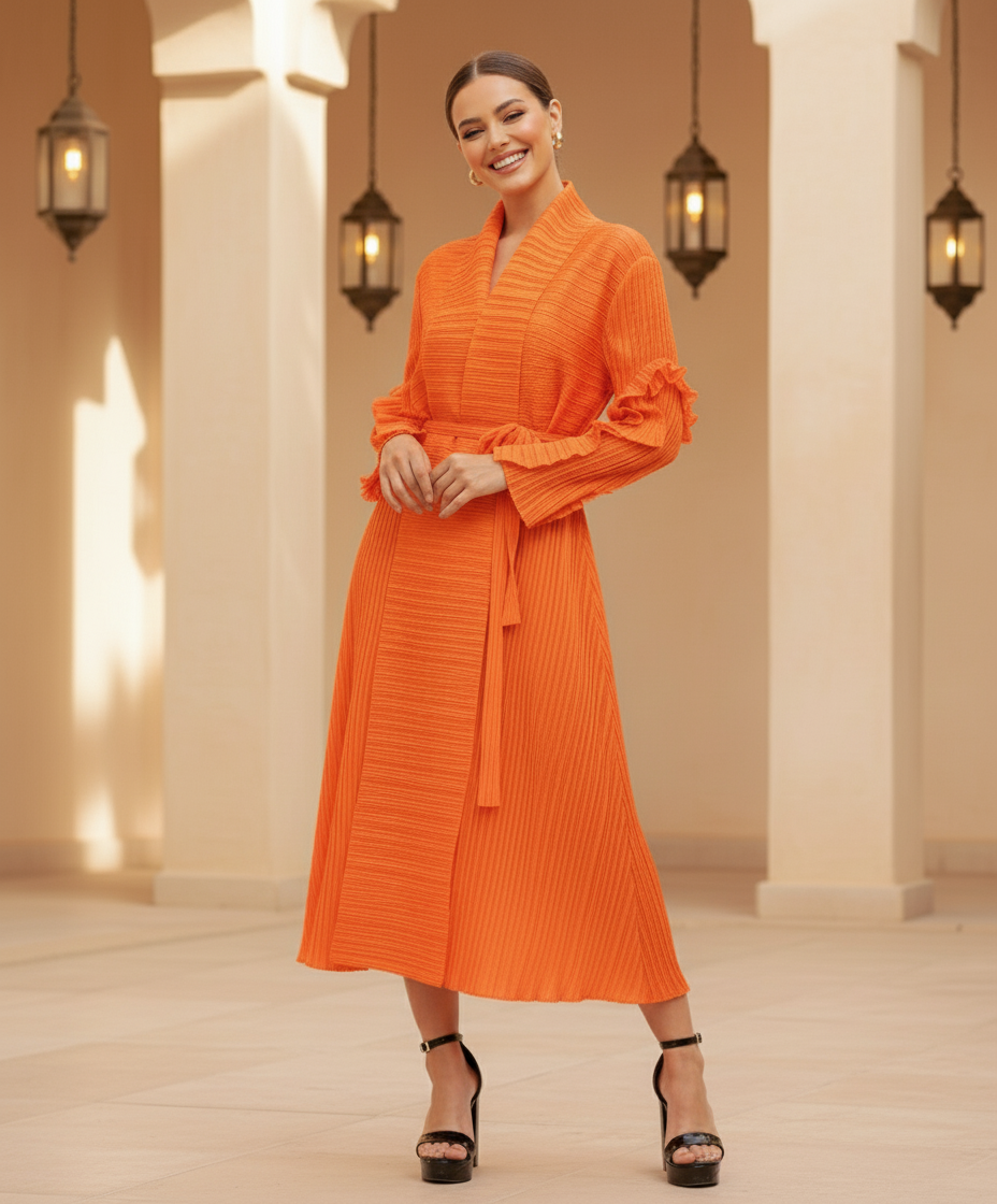Full Sleeve pleated dress - Orange