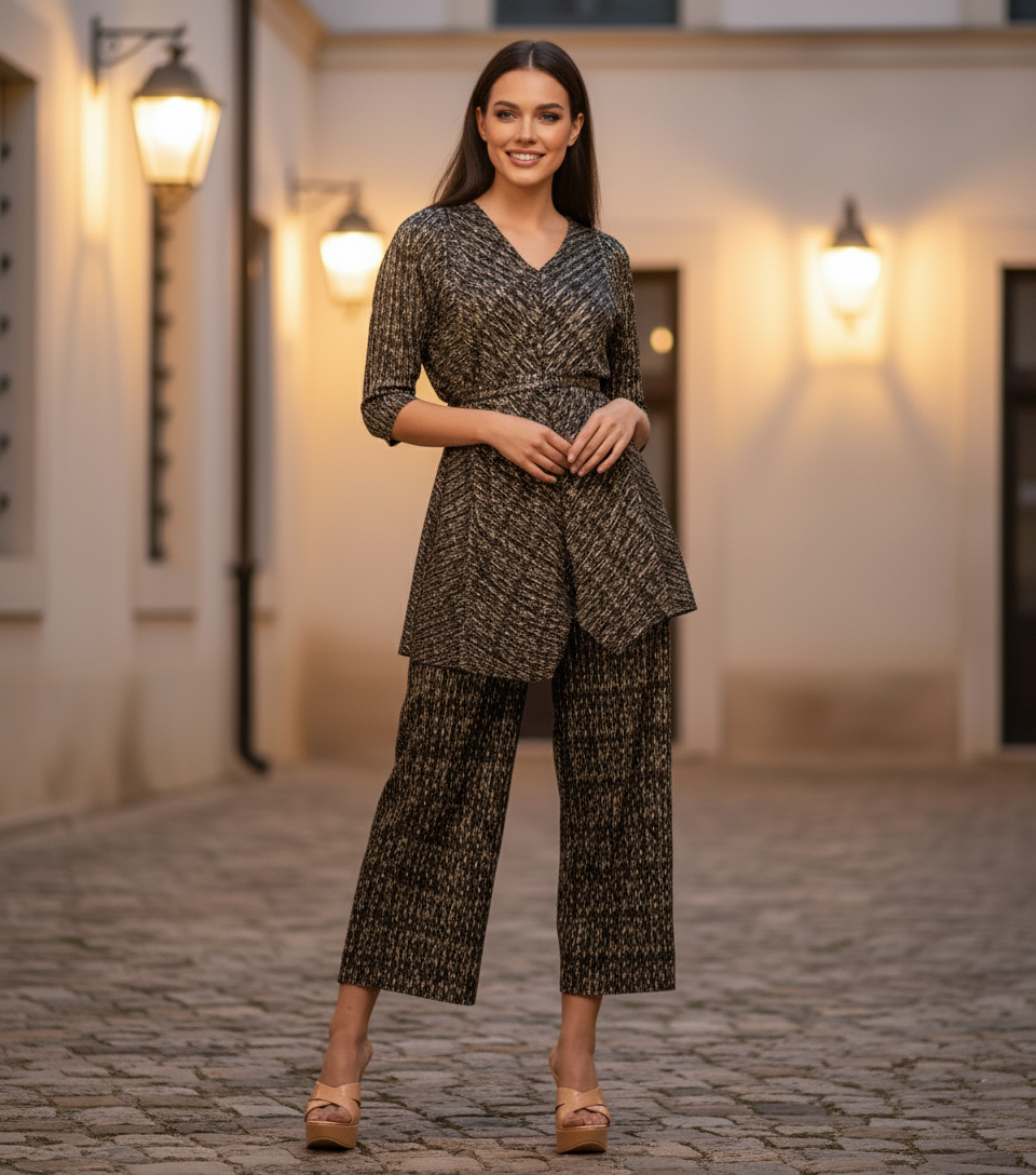 Gold Polyester Metallic Pleated Top And Pant Set - Black