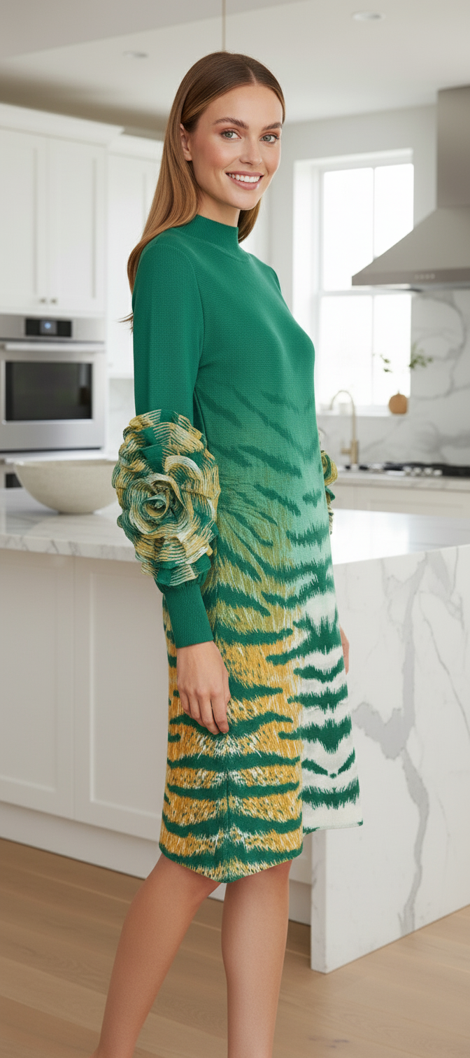 Soliel Ruffle Sleeve Print Dress - Green