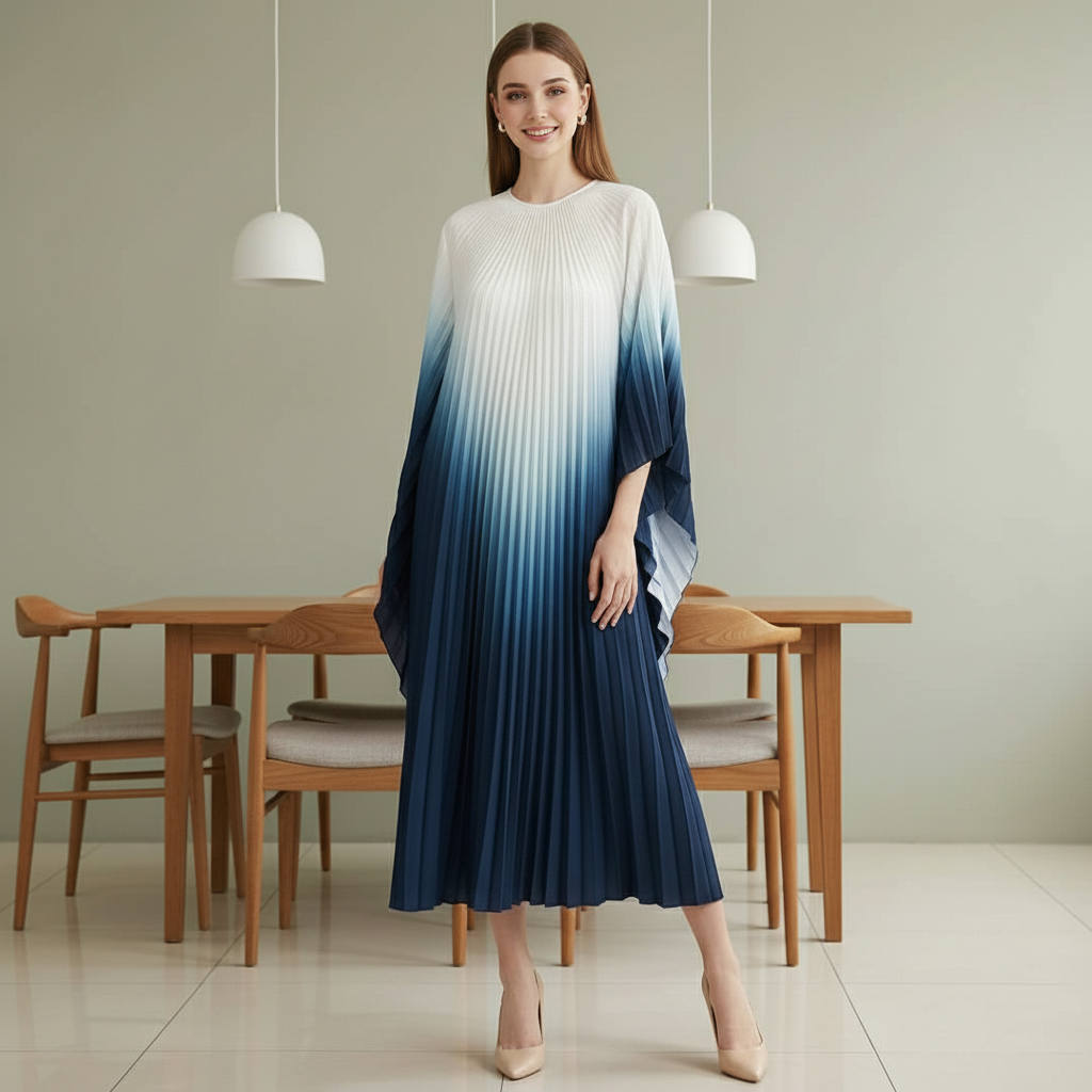 Pleated Gradual Color Dress Irregular O-neck Long Sleeves Loose Long - white