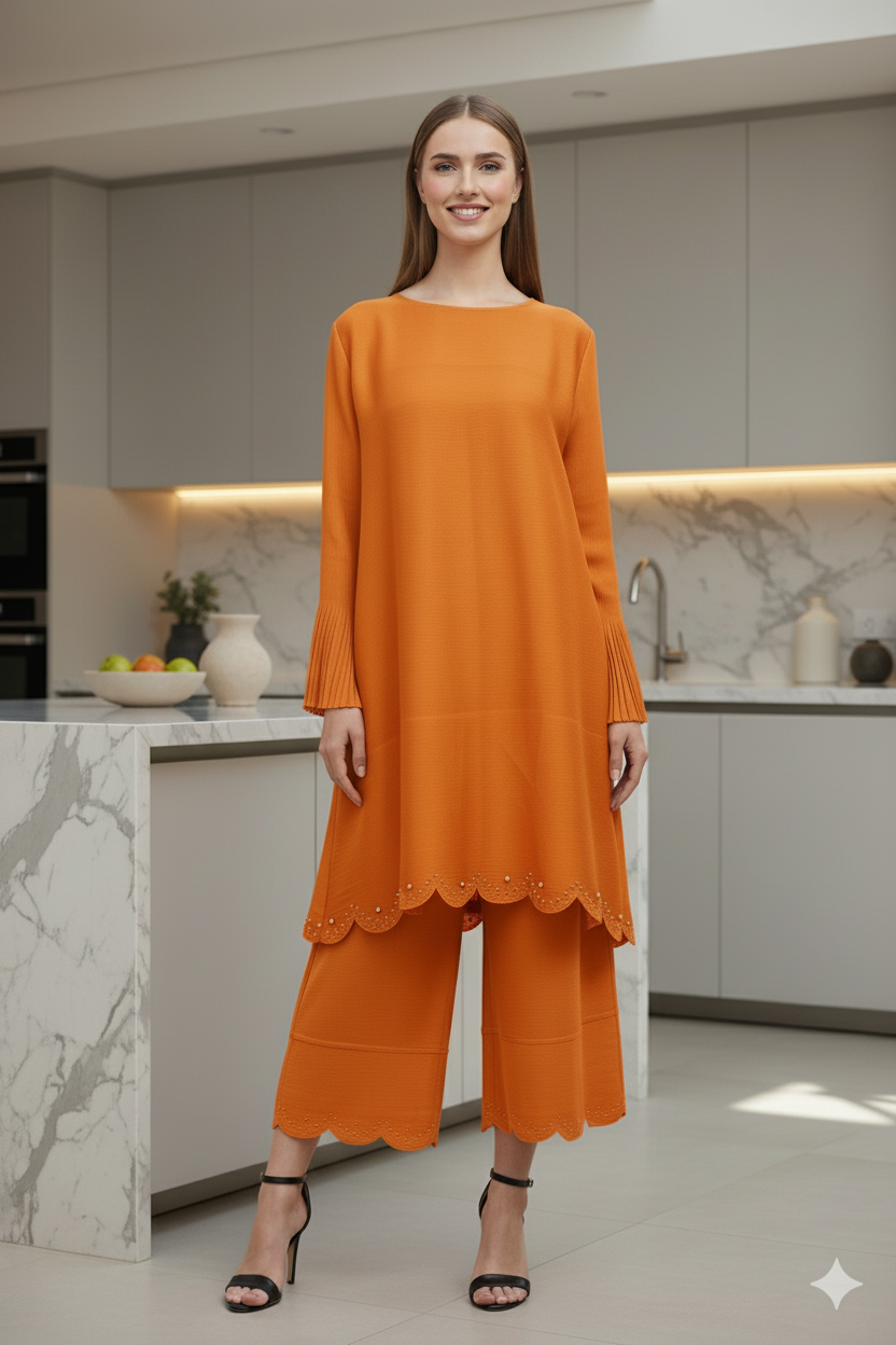 PEARL EMBROIDERED COORD SET - Orange