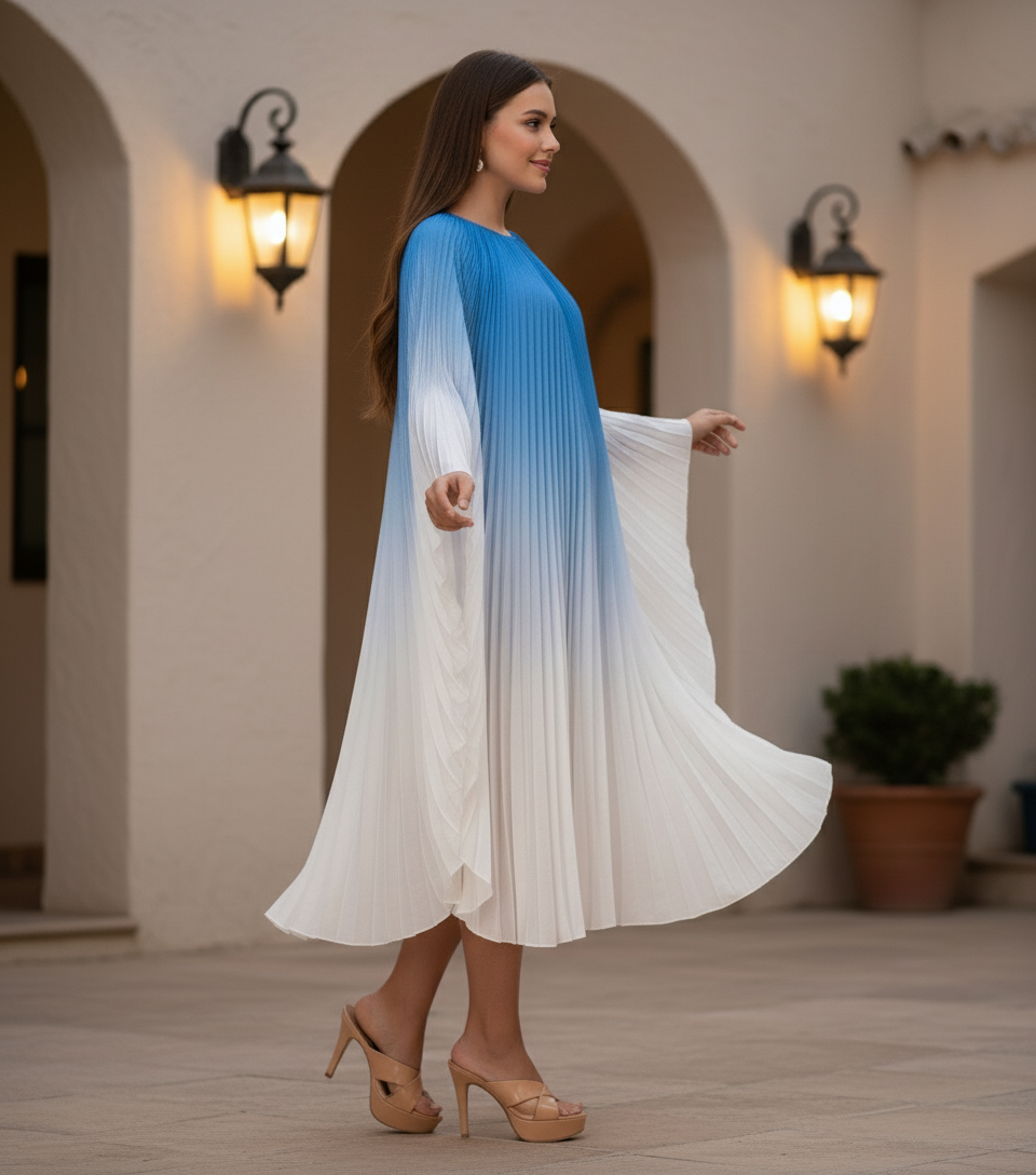 Pleated Gradual Color Dress Irregular O-neck Long Sleeves Loose Long - Blue
