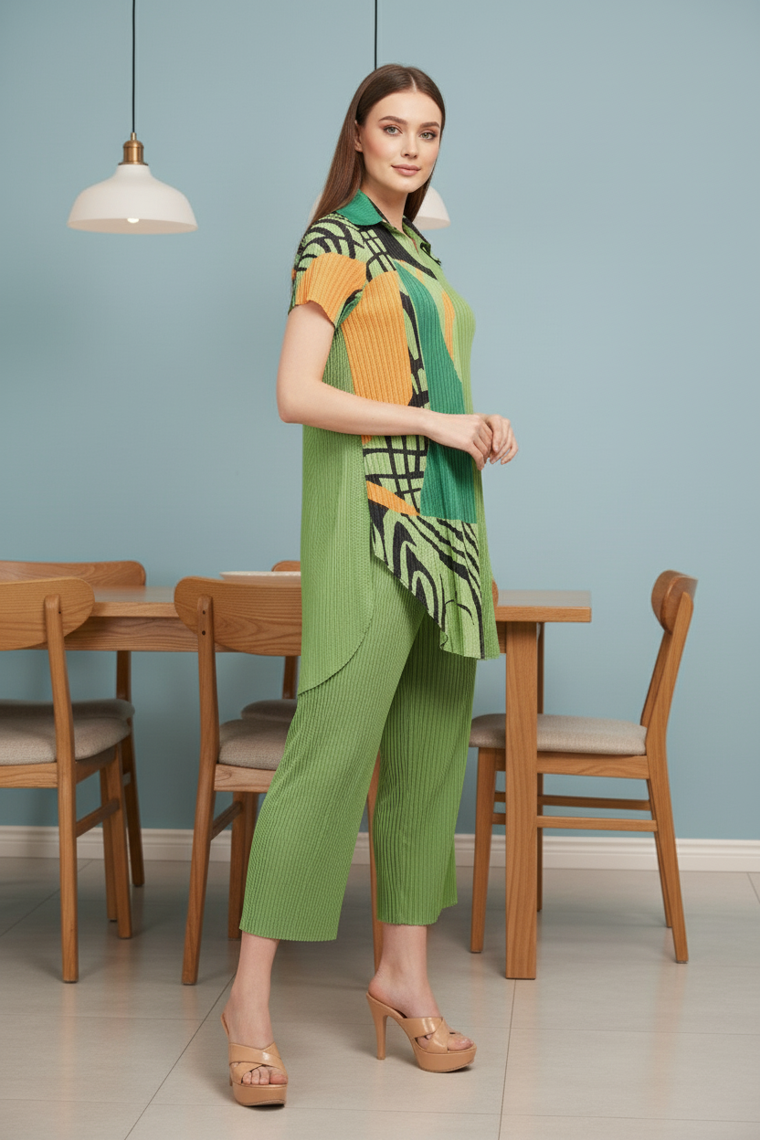 Stitched Yoke Notch Mandarin Neck - Green