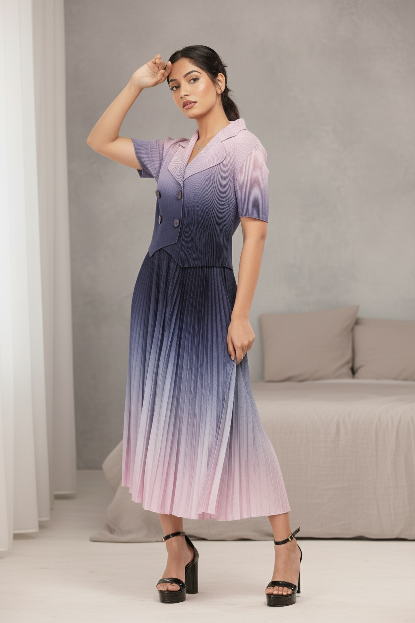 Dual Color Ombre Pleated Skirt Set - Purple