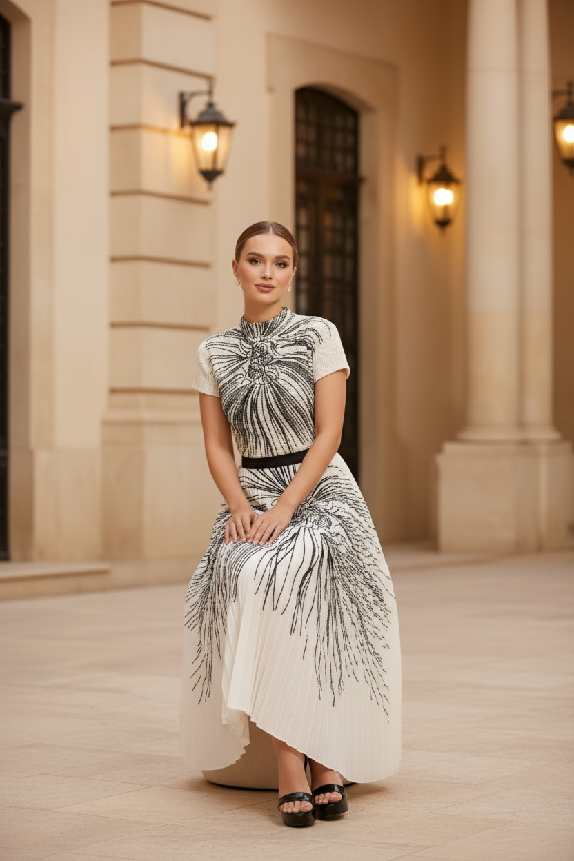 Pleated Set Flapper Dress - White