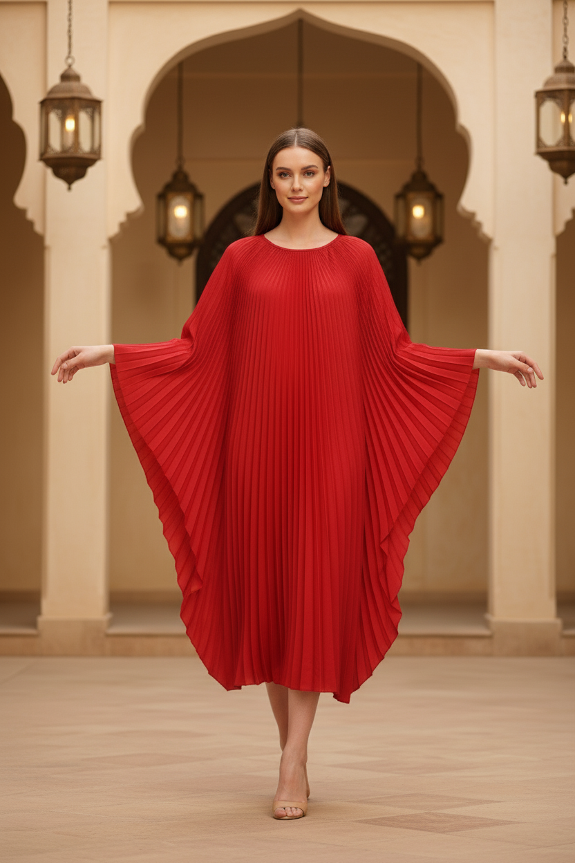 Loose Batwing Sleeve Elegant Pleated Dress - Red