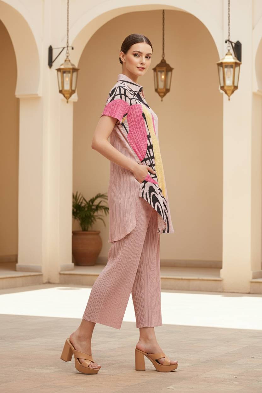 Stitched Yoke Notch Mandarin Neck - Pink