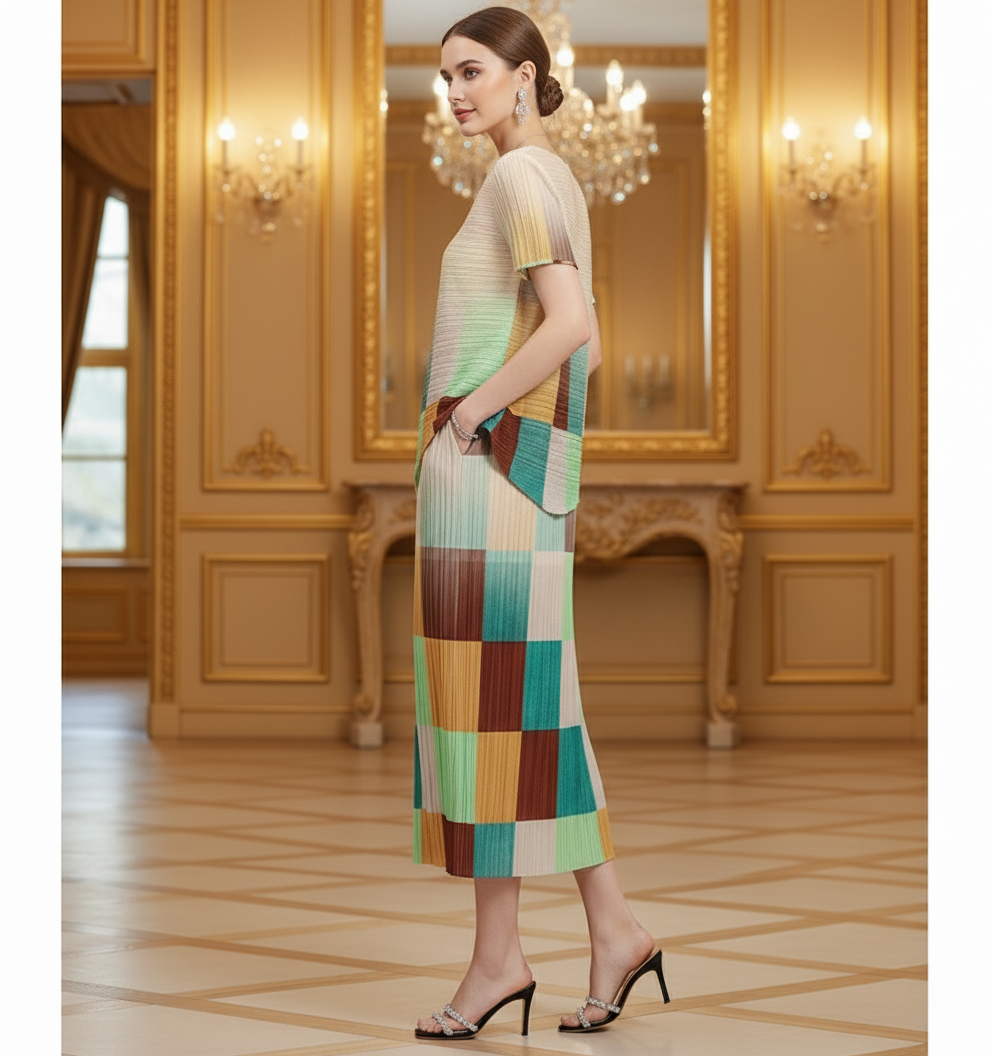 Pleated Multicolor High Neck Short Sleeve