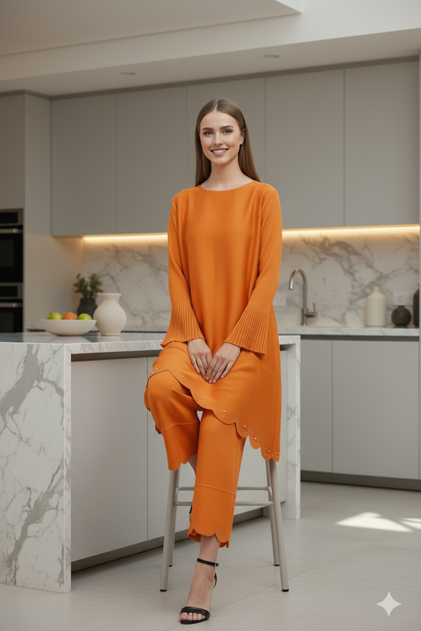 PEARL EMBROIDERED COORD SET - Orange