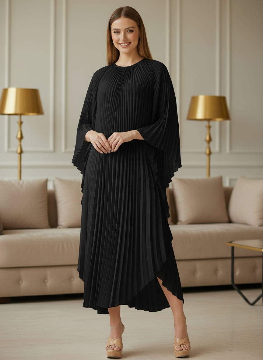Loose Batwing Sleeve Elegant Pleated Dress - Black